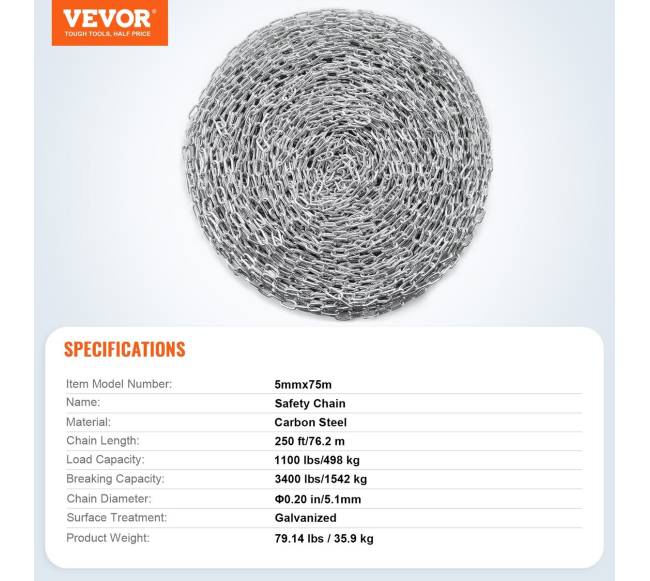 Cinkuotos grandinės iš anglinio plieno 5mm 76.2m6