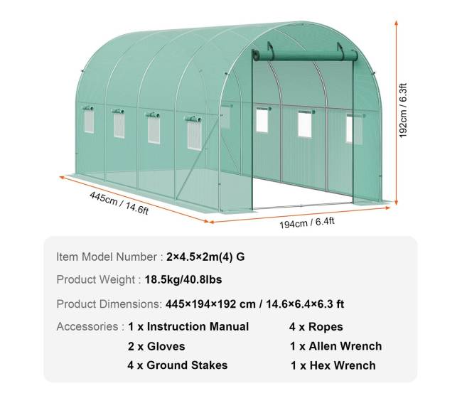 Tunelinis šiltnamis su PE danga 445x194x192 cm6