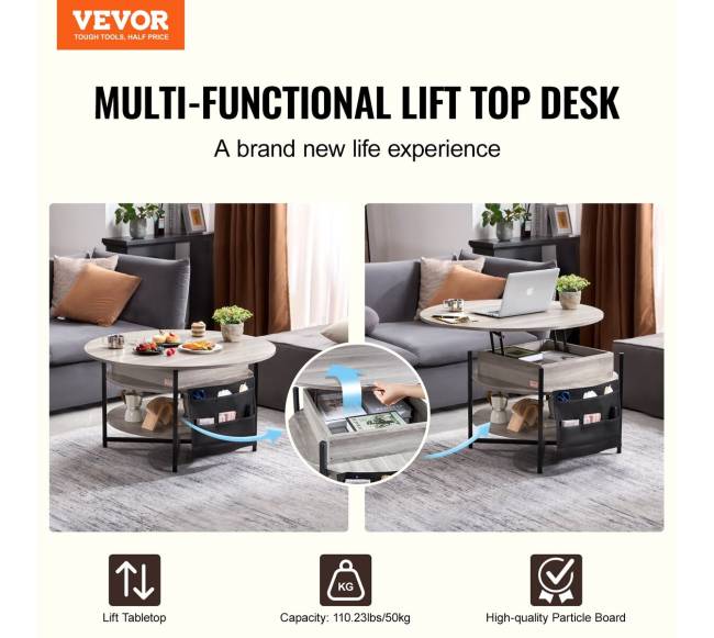 Pakeliamas kavos staliukas apvalus 90 cm baltas1