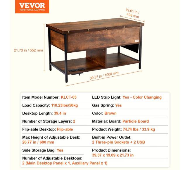 Pakeliama kavos staliukas su USB ir apšvietimu6