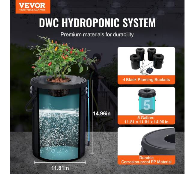 Hidroponinė sistema su 4 kibirais ir oro siurbliu1
