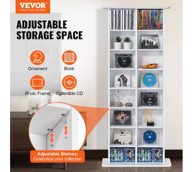 Baltas reguliuojamas DVD lentynų stovas, talpa 464 CD1