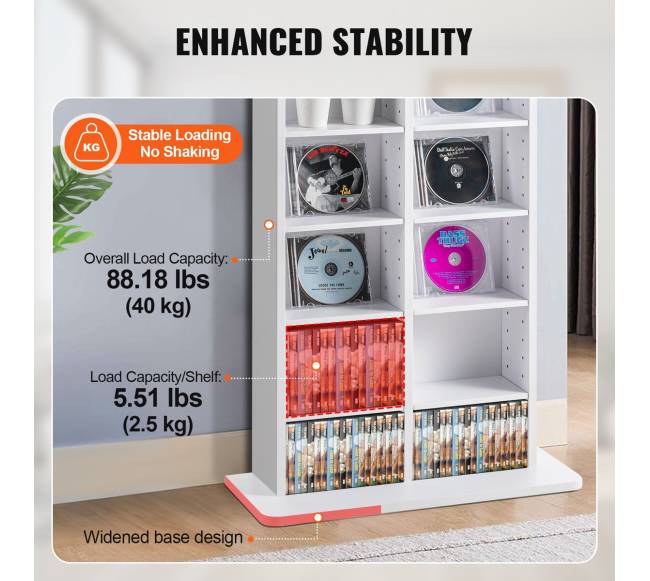 Baltas reguliuojamas DVD lentynų stovas, talpa 464 CD2