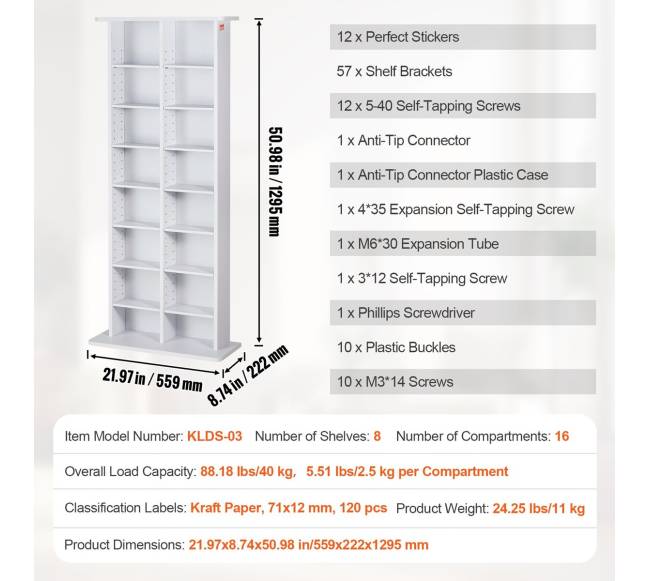 Baltas reguliuojamas DVD lentynų stovas, talpa 464 CD6