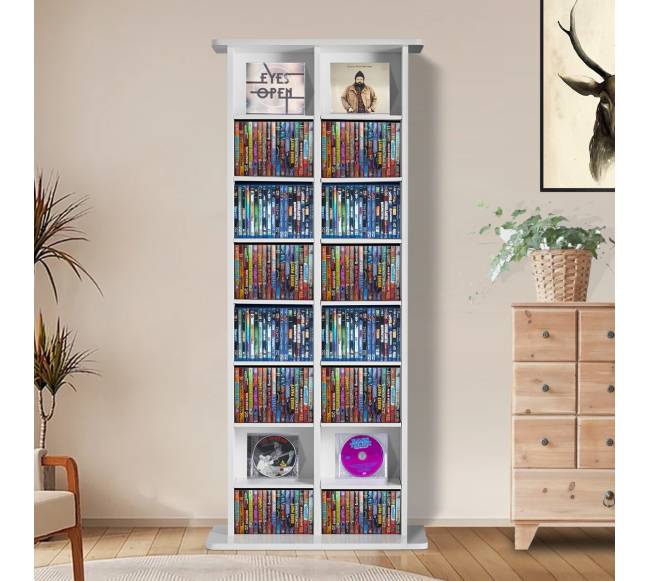 Baltas reguliuojamas DVD lentynų stovas, talpa 464 CD7