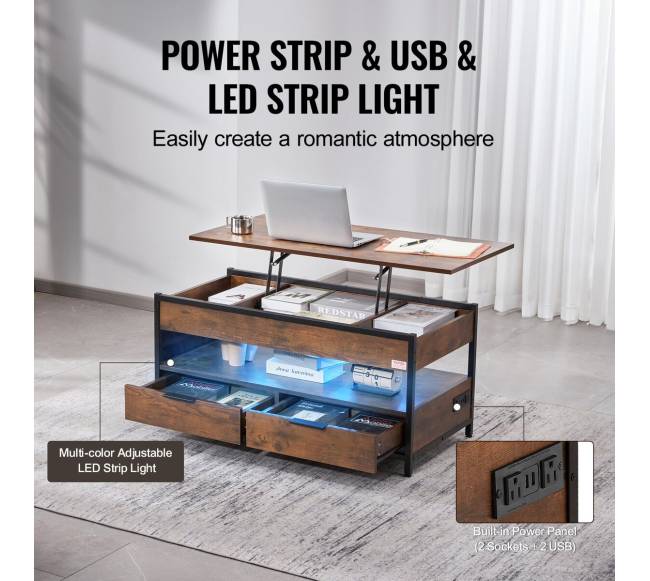 Reguliuojamas kavos staliukas su šviesa ir USB4