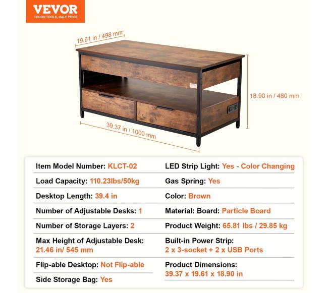 Reguliuojamas kavos staliukas su šviesa ir USB6