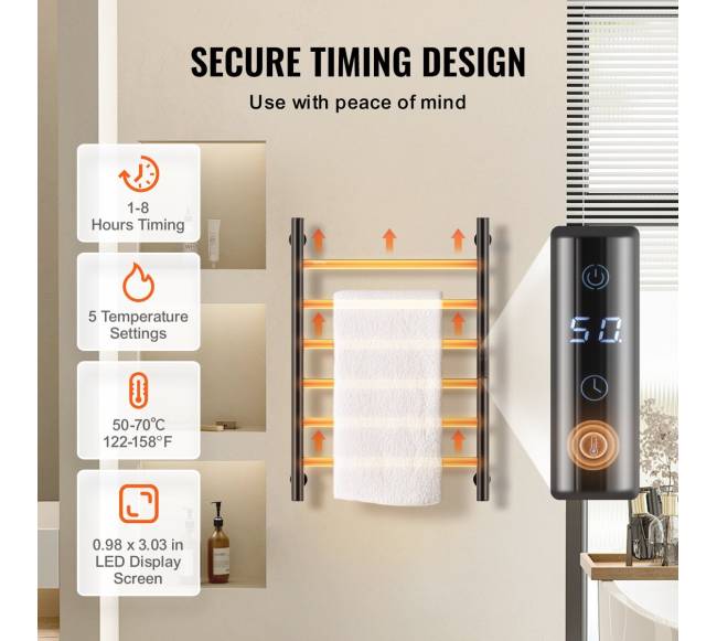 6 juostų juodas šildomas rankšluosčių laikiklis voniai2