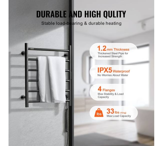 6 juostų juodas šildomas rankšluosčių laikiklis voniai3