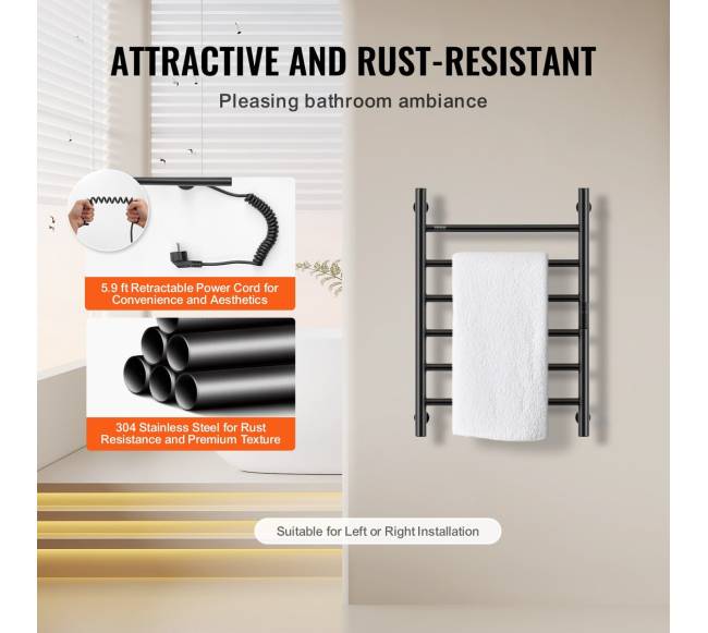 6 juostų juodas šildomas rankšluosčių laikiklis voniai4