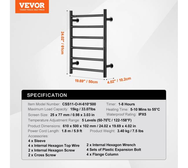 6 juostų juodas šildomas rankšluosčių laikiklis voniai6