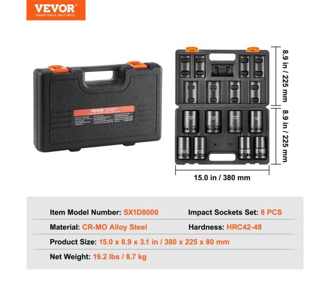 Poveikio lizdų komplektas 8vnt 1" su dėklu6