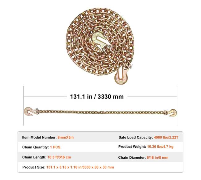 Tvirtinimo grandinė su kabliais 8 mm x 3.16 m 2.22T6