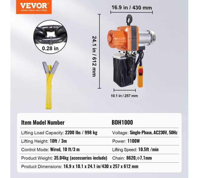 Elektrinis grandininis keltuvas 2200 lbs apkrova 3 m6