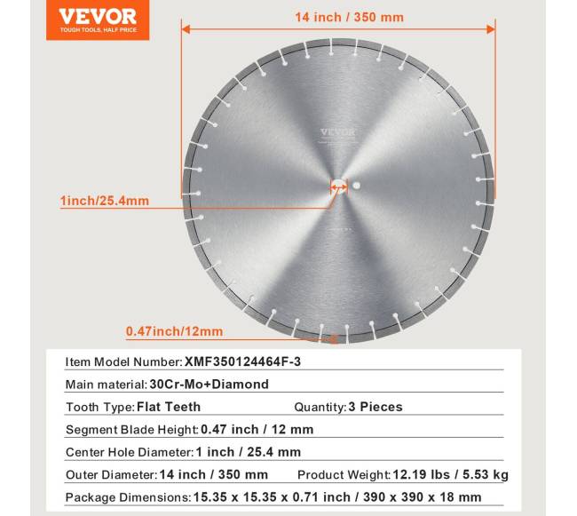 3 dalių deimantiniai pjovimo diskai betonui, 35 cm6