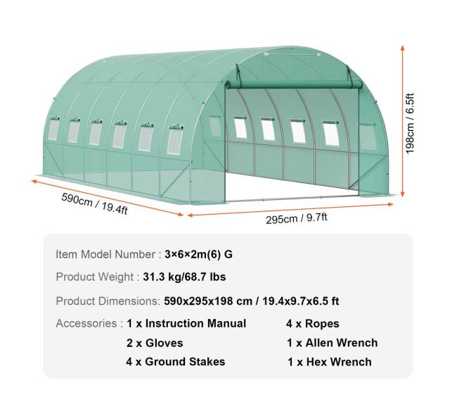 Tunelio tipo šiltnamis 590x295x198 cm su PE danga6