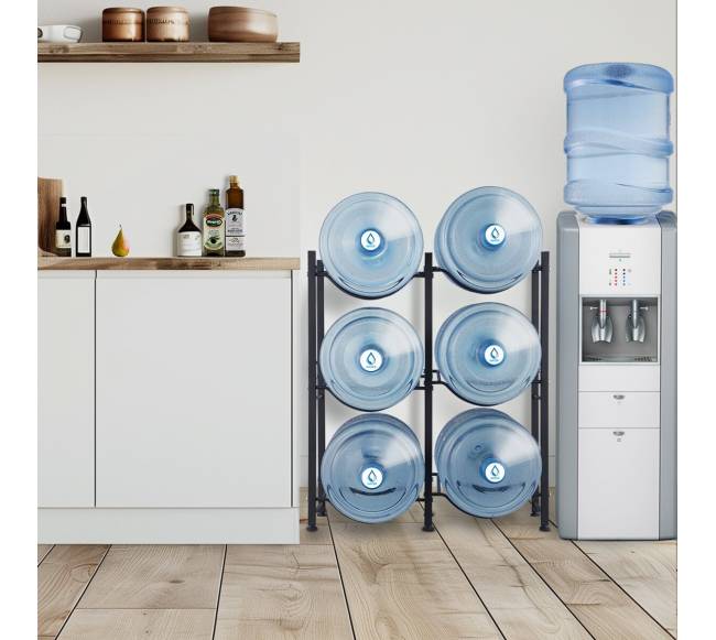 Trijų aukštų vandens butelių laikiklis 6 talpai7