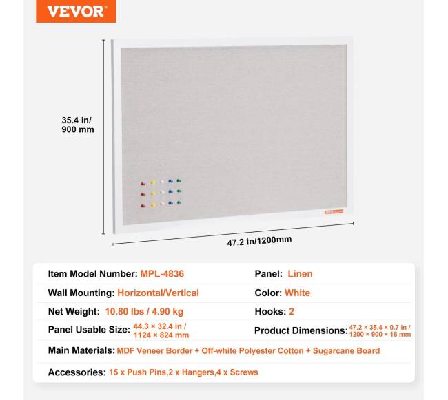 48x36 colių balta skelbimų lenta su lininiu paviršiumi6