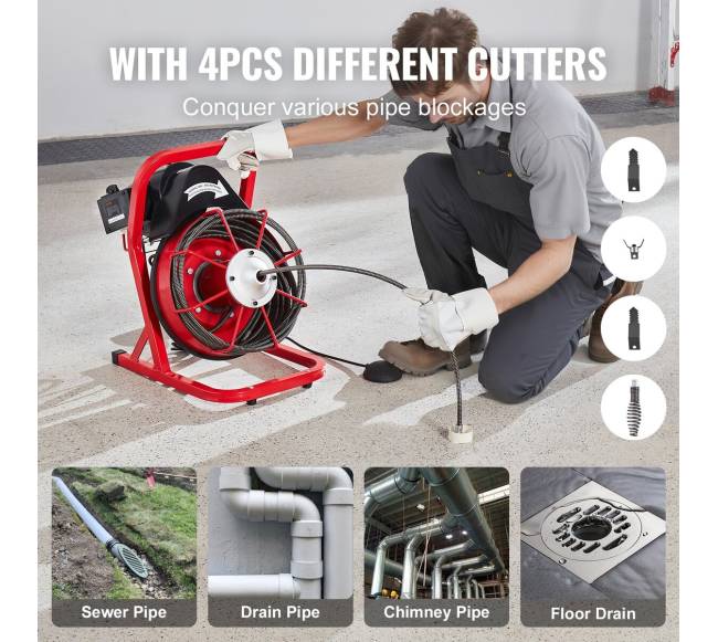 50 pėdų kanalizacijos valymo mašina su sraigtu ir 4 peiliais4