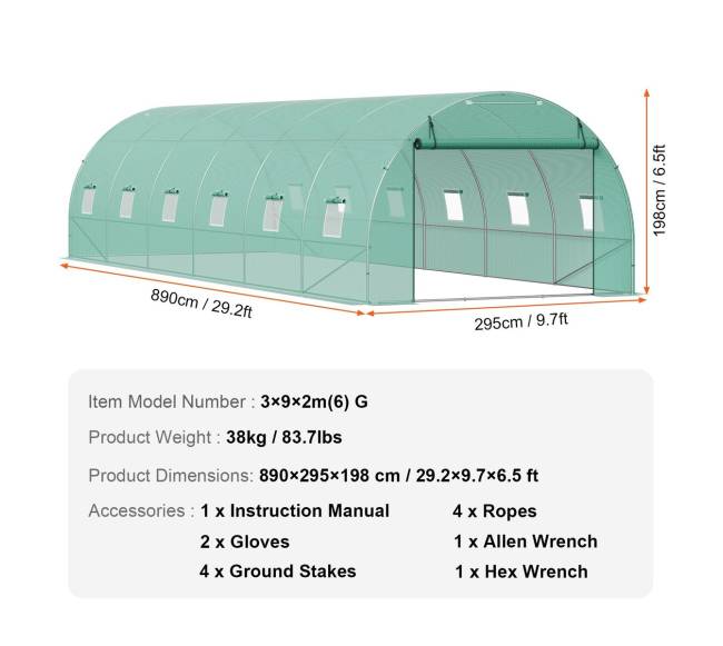 Tunelinė šiltnamio konstrukcija 890x295x198 cm6
