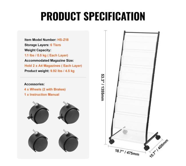 Brošiūrų stovas 6 lentynų, su ratukais6