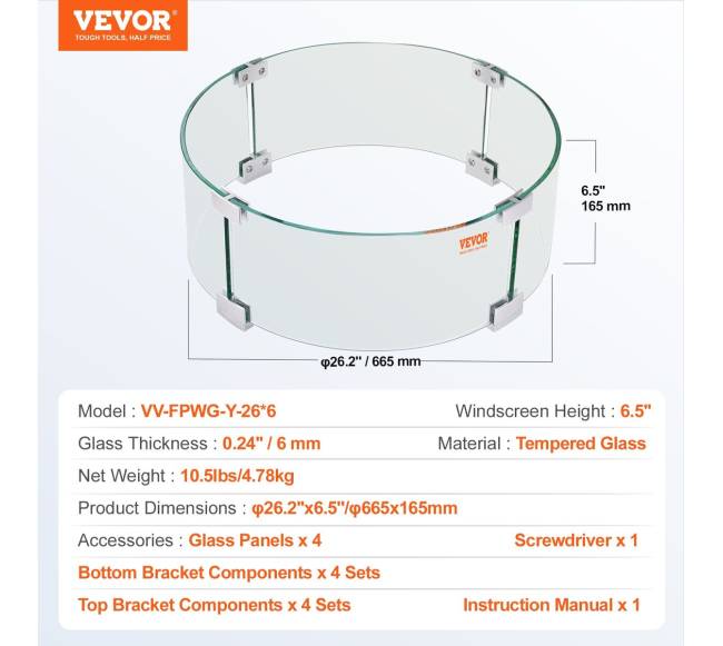 Stiklinė ugniakuro apsauga nuo vėjo 66x66x15 cm6