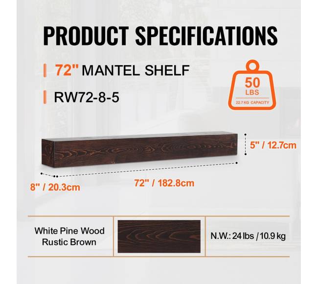 Rusvi medinė židinio lentyna 183 cm2