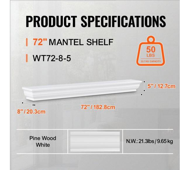 Židinys medinė lentyna, balta 183 cm2