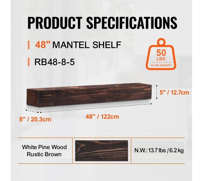 Židinio lentyna medinė rústinė 48 cm ruda2