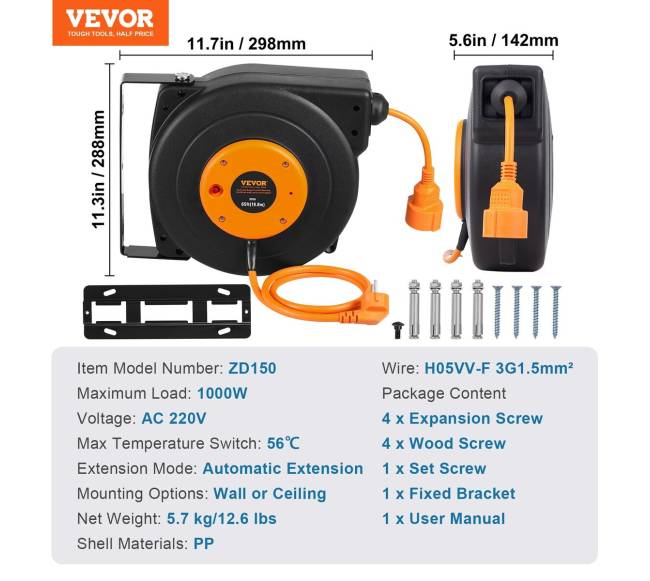 Ištraukiamas maitinimo laido būgnas 19m 1000W6