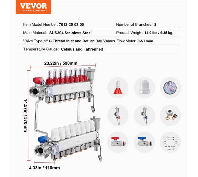 8 šakų grindinio šildymo kolektorius PEX vamzdžiams6