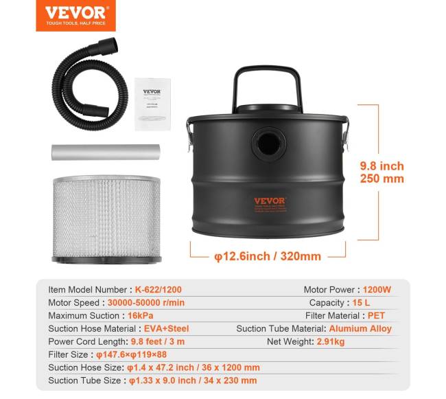 Pelenų siurblys 15L 1200W židiniams ir griliams6