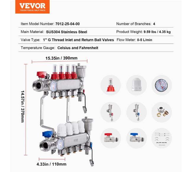 4-ių šakų grindinio šildymo kolektorius 12 PEX6