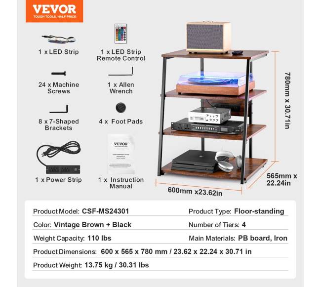 Medijos stovas su LED apšvietimu ir rozetėmis6