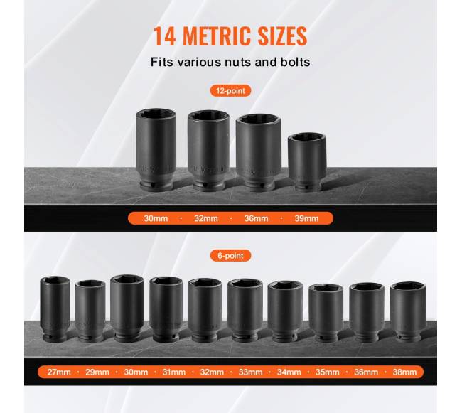 Ašinių veržlių smūginių galvučių rinkinys 12" 14 vnt.2