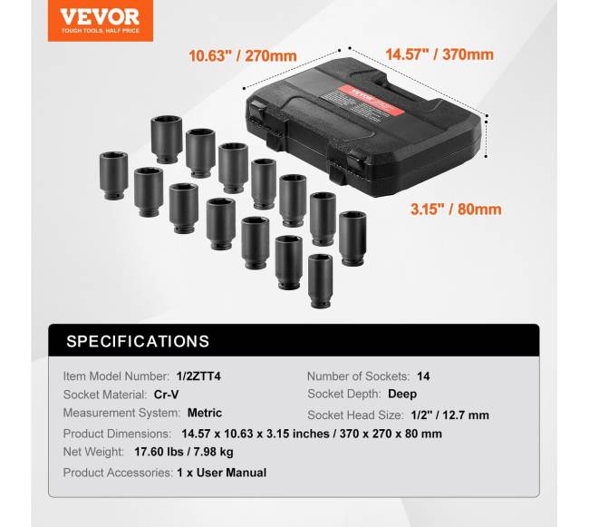 Ašinių veržlių smūginių galvučių rinkinys 12" 14 vnt.6