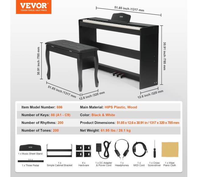 88 klavišų skaitmeninis pianinas su stovu ir suoleliu5