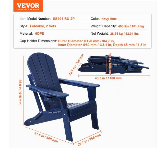Plastikinė adirondak kėdžių pora, mėlyna6
