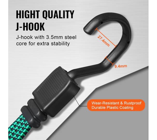 32 vienetų plokščias guminių virvių rinkinys su J formos kabliukais4