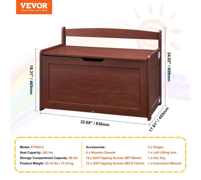 Vaikų žaislų dėžė-suolas, medinė, tamsiai ruda6