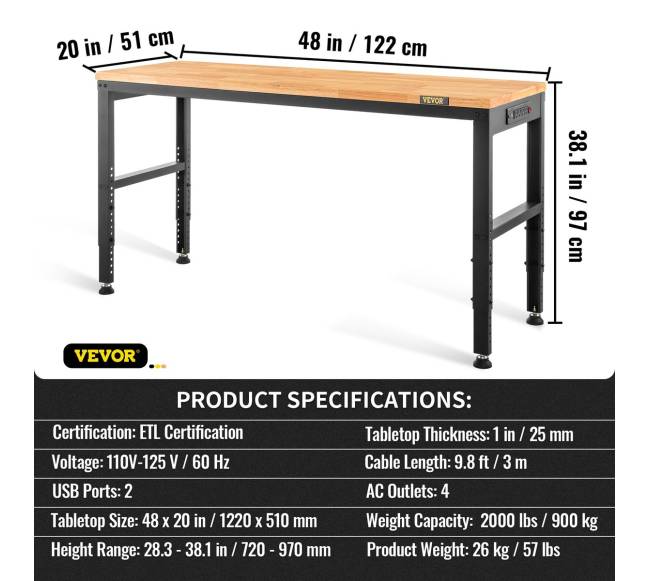 Reguliuojamo aukščio darbo stalas 122 x 50 cm su elektros lizdu6