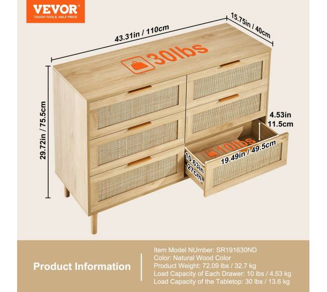 Šešių stalčių rataninė komoda miegamajam1
