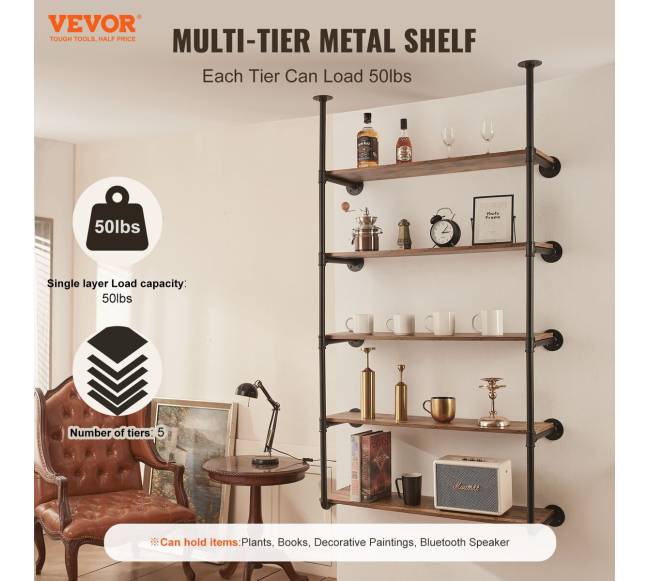 5 lygių vamzdžių lentyna sienai (2 vnt.)1