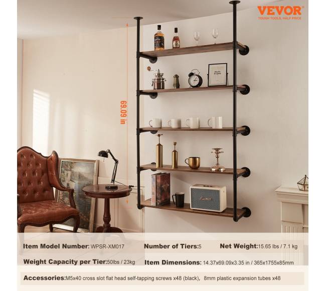 5 lygių vamzdžių lentyna sienai (2 vnt.)6