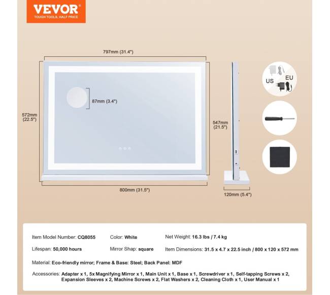 Veidrodinis makiažo stalas su apšvietimu 80x55 cm6