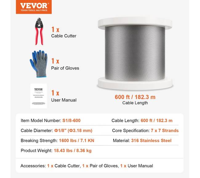Nerūdijančio plieno 3,18 mm 600 ft trosas6