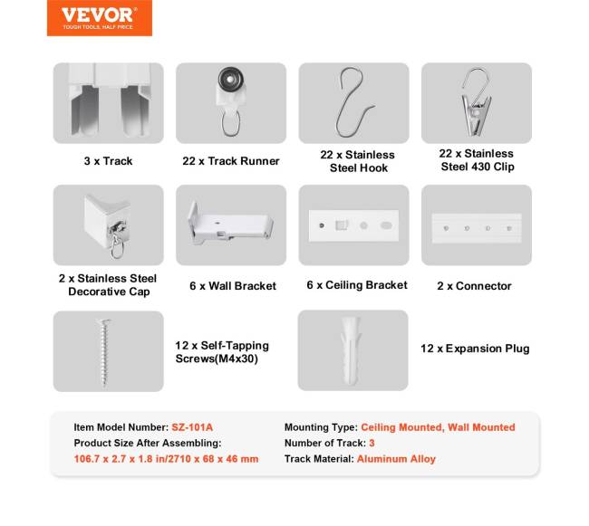 Lubų užuolaidų bėgelis su kabliukais 2.7m6