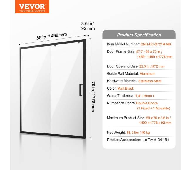 Pusiau berėmės dušo durys 1459-1499 x 1778 mm matinės juodos6