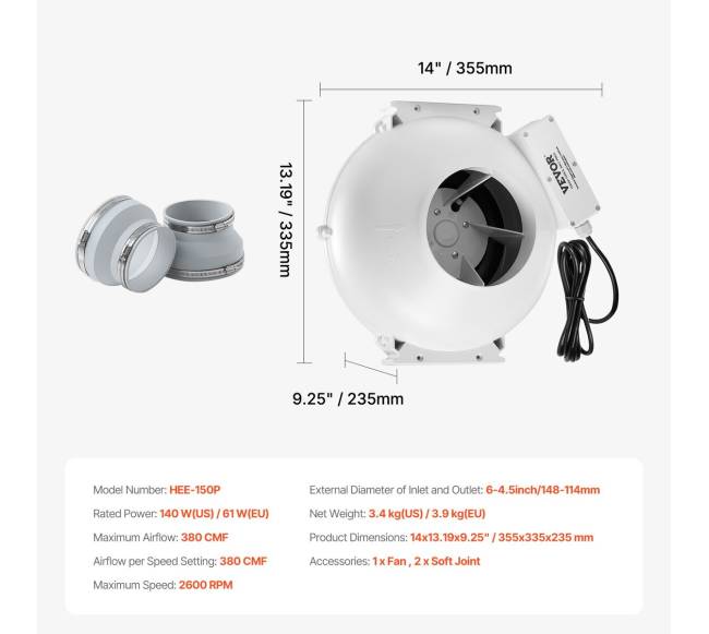 4–4,5" radono ventiliatorius, 380 CFM6