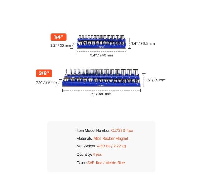 Magnetinis lizdų laikiklis 4 vnt. rinkinyje SAE ir metriniai6